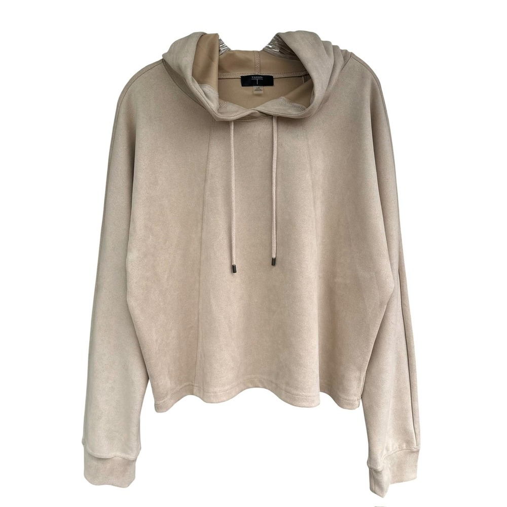 T Tahari Faux Suede Hoodie Beige‎ Long Sleeve Pullover Sweatshirt Womens Large